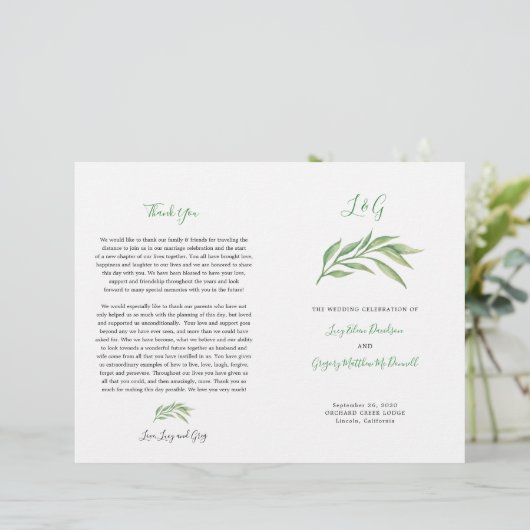 Hochzeitsprogramm | Botanische Blätter für Wasserf (Stehend Vorderseite)