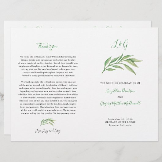 Hochzeitsprogramm | Botanische Blätter für Wasserf (Vorne/Hinten)