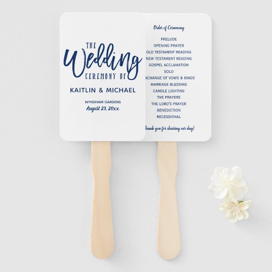 Hochzeitsprogramm | Brush Script - Navy Blue Fächer (Vorne und Hinten)
