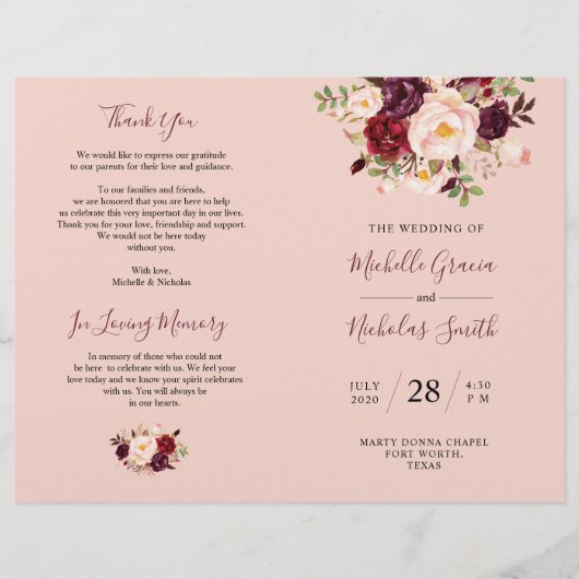 Hochzeitsprogramm Burgundy Blush Wasserfarbe Blora (Vorderseite)