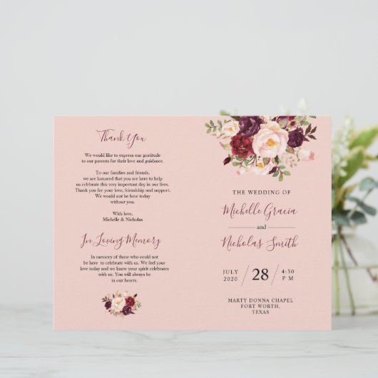 Hochzeitsprogramm Burgundy Blush Wasserfarbe Blora (Stehend Vorderseite)
