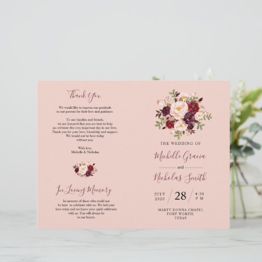 Hochzeitsprogramm Burgundy Blush Wasserfarbe Blora (Stehend Vorderseite)