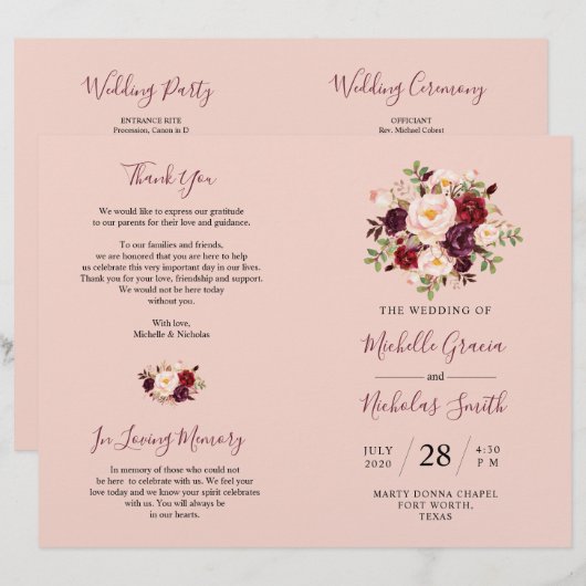 Hochzeitsprogramm Burgundy Blush Wasserfarbe Blora (Vorne/Hinten)