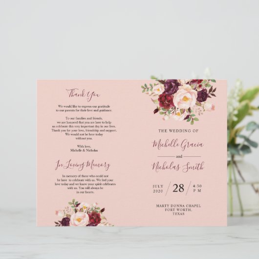 Hochzeitsprogramm Burgundy Blush Wasserfarbe Blora (Stehend Vorderseite)