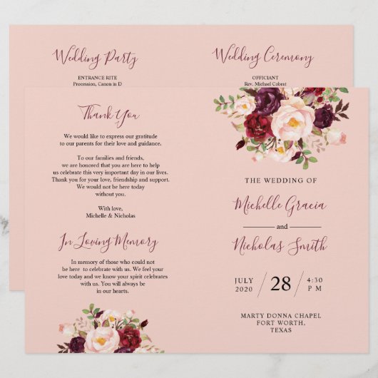 Hochzeitsprogramm Burgundy Blush Wasserfarbe Blora (Vorne/Hinten)