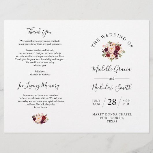 Hochzeitsprogramm Burgundy Wasserfarbenfloral, FOL (Vorderseite)