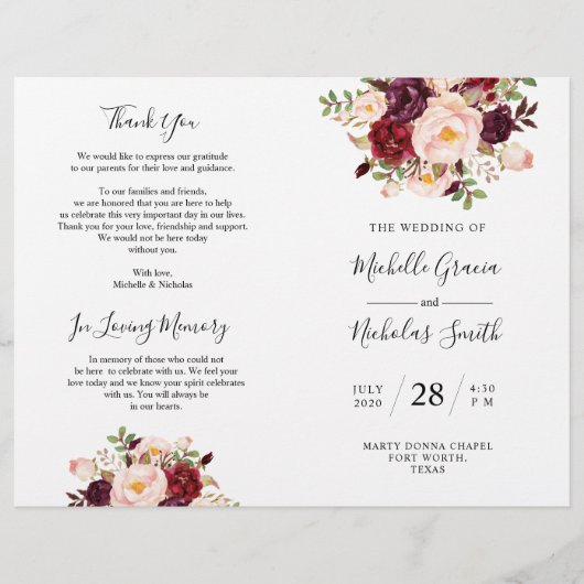 Hochzeitsprogramm Burgundy Wasserfarbenfloral, FOL (Vorderseite)