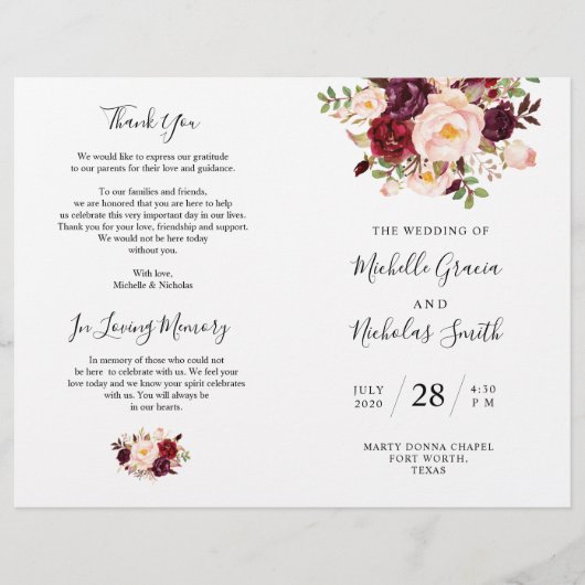 Hochzeitsprogramm Burgundy Wasserfarbenfloral, FOL (Vorderseite)