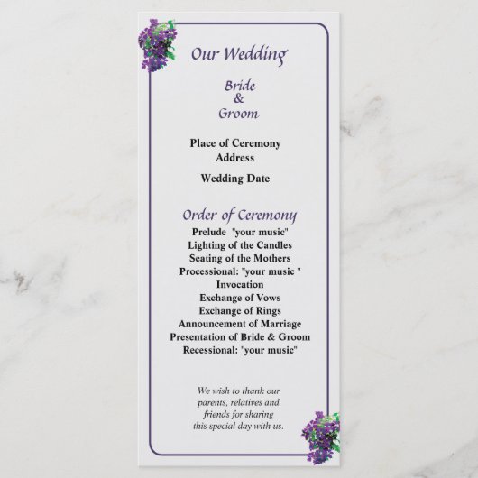 Hochzeitsprogramm 'Cascade of Clematis' Programm (Vorderseite)