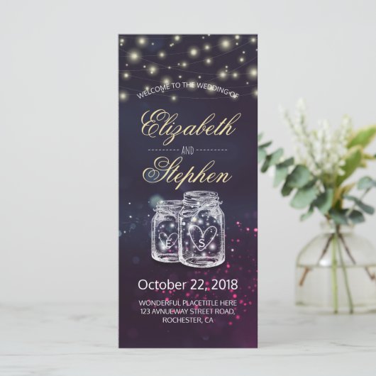 Hochzeitsprogramm Chic Mason Jar Lila String Light Programm (Stehend Vorderseite)