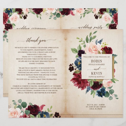 Hochzeitsprogramm der Burgundy Navy (Vorne/Hinten)