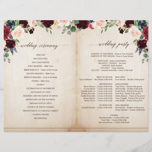 Hochzeitsprogramm der Burgundy Navy (Rückseite)