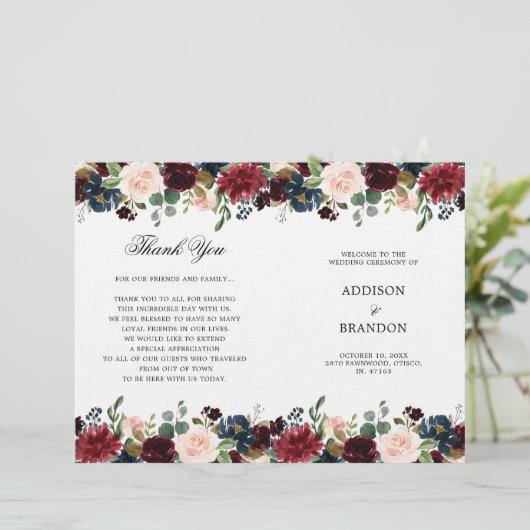 Hochzeitsprogramm der Burgundy Navy (Stehend Vorderseite)