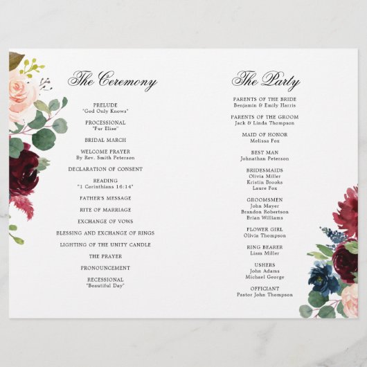 Hochzeitsprogramm der Burgundy Navy (Rückseite)