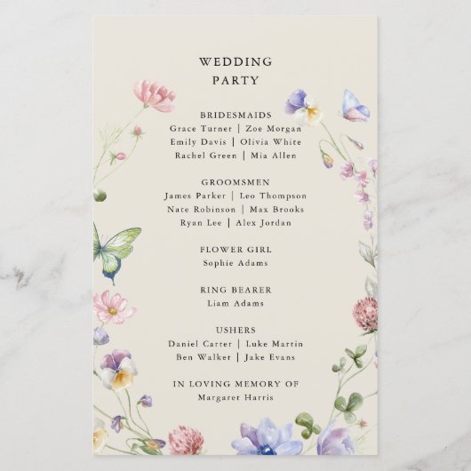 Hochzeitsprogramm der eleganten Wildblume für den (Rückseite)