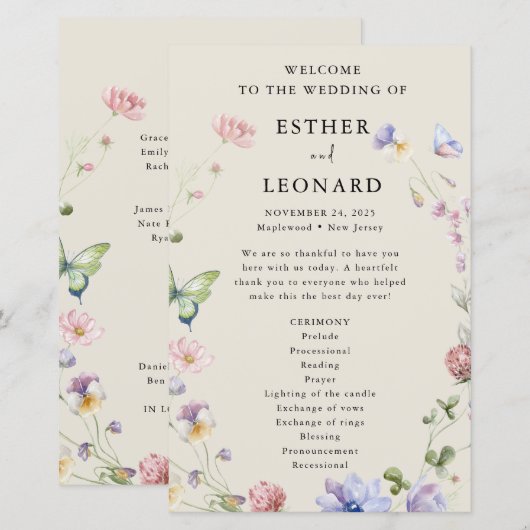 Hochzeitsprogramm der eleganten Wildblume für den  (Vorne/Hinten)