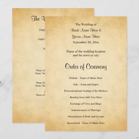 Hochzeitsprogramm-Design mit Pergamentmuster Programm (Vorne/Hinten)