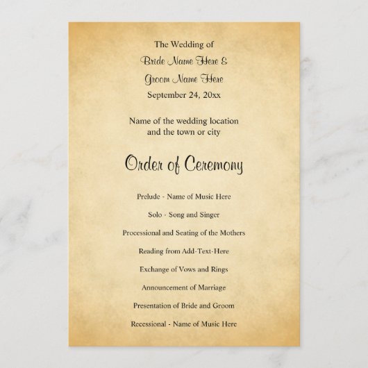 Hochzeitsprogramm-Design mit Pergamentmuster Programm (Vorderseite)