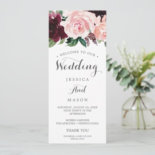 Hochzeitsprogramm Doppelseitiges Schwarzes Burgund Programm (Stehend Vorderseite)