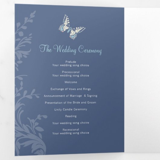 Hochzeitsprogramm dunkelblaue Schmetterlinge Liebe Dreifach-gefaltete Programmkarte (Innen Erste Seite)