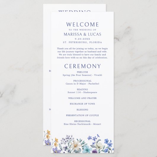Hochzeitsprogramm "Dusty Aquamarin Blue Wildblumen (Vorne/Hinten)