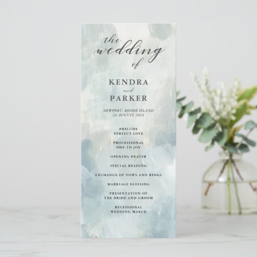 Hochzeitsprogramm "Dusty Blue Abstrakt Brushstroke Programm (Stehend Vorderseite)