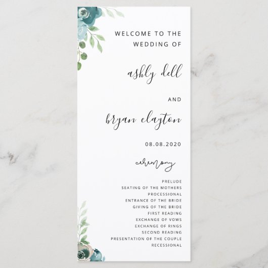 Hochzeitsprogramm Dusty Bule Floral Programm (Vorderseite)