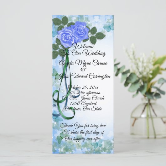 Hochzeitsprogramm elegante blaue Rose aquamarines Programm (Stehend Vorderseite)