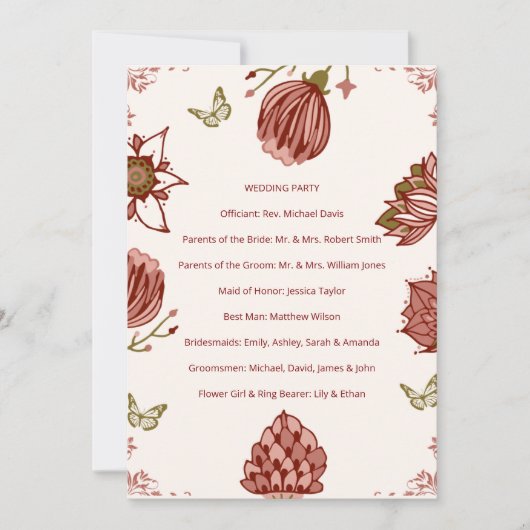 Hochzeitsprogramm Elegante Botanische Party-Karte (Vorderseite)