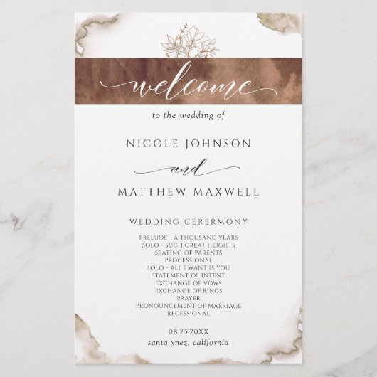 Hochzeitsprogramm "Elegante Earth Tones Watercolor (Vorderseite)