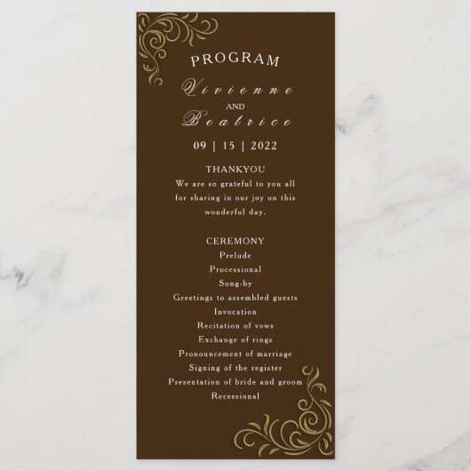 Hochzeitsprogramm: elegante, rustikale Goldrolle Programm (Vorderseite)