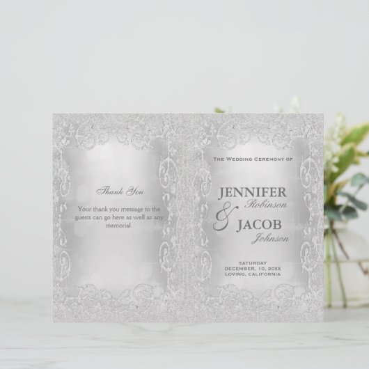 Hochzeitsprogramm Eleganter Silver Imitats Glitzer (Stehend Vorderseite)