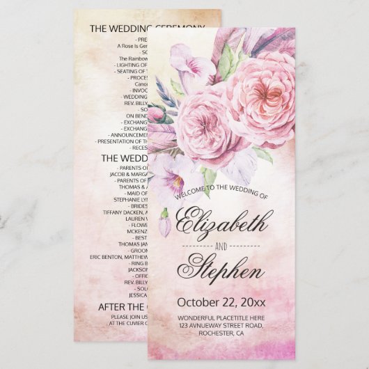 Hochzeitsprogramm Elegantes Wasserfarben BlumenFed Programm (Vorne/Hinten)