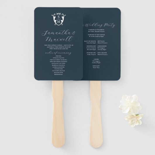 Hochzeitsprogramm Fan Navy Blue Classic Monogram Fächer (Vorne und Hinten)
