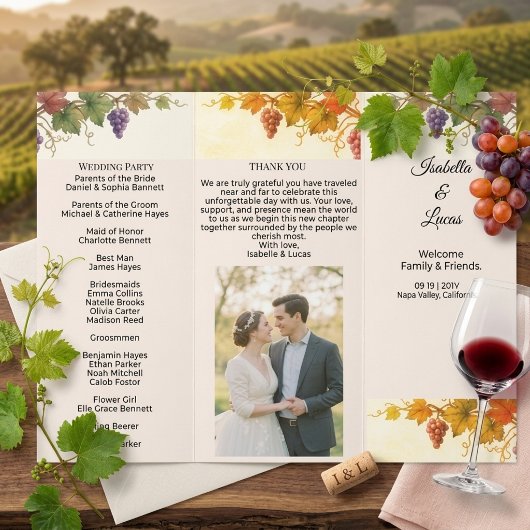 Hochzeitsprogramm-Flyer für Weinberge im Napa Vall