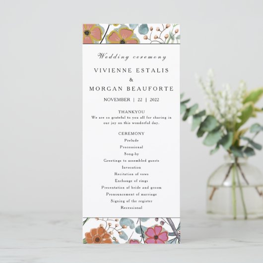 Hochzeitsprogramm Frühjahrsflorale Grenz rosa Blum Programm (Stehend Vorderseite)