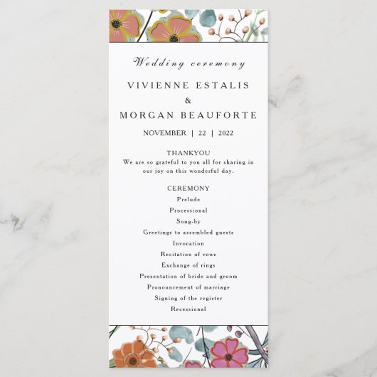 Hochzeitsprogramm Frühjahrsflorale Grenz rosa Blum Programm (Vorderseite)