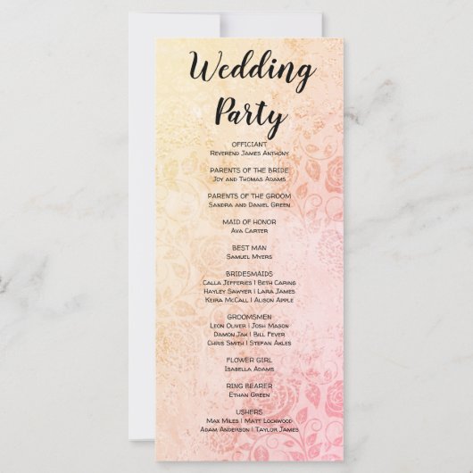 Hochzeitsprogramm für antike, gelb-rosa Rosen (Rückseite)