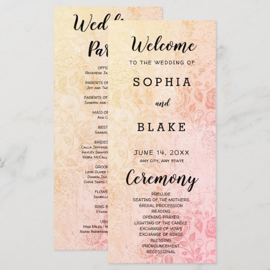 Hochzeitsprogramm für antike, gelb-rosa Rosen (Vorne/Hinten)