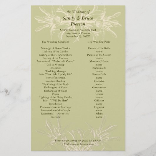Hochzeitsprogramm für antikes Olivenöl Briefpapier (Vorderseite)
