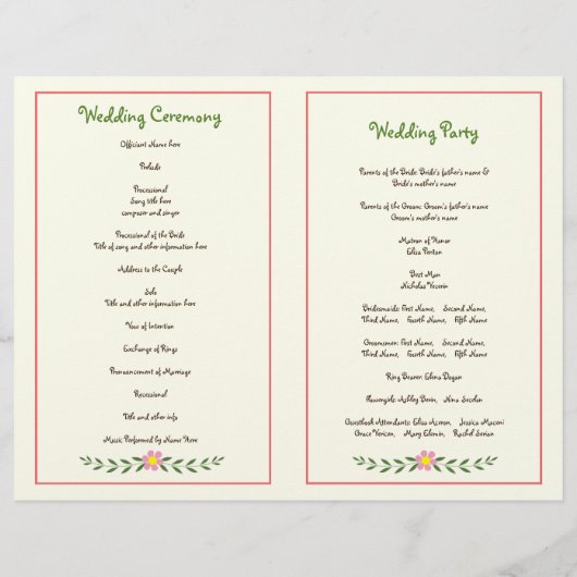 Hochzeitsprogramm für Antler & Korallen-Blume (Rückseite)