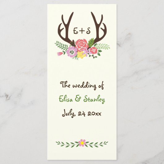 Hochzeitsprogramm für Antler & Korallen, rosa Blum Programm (Vorderseite)