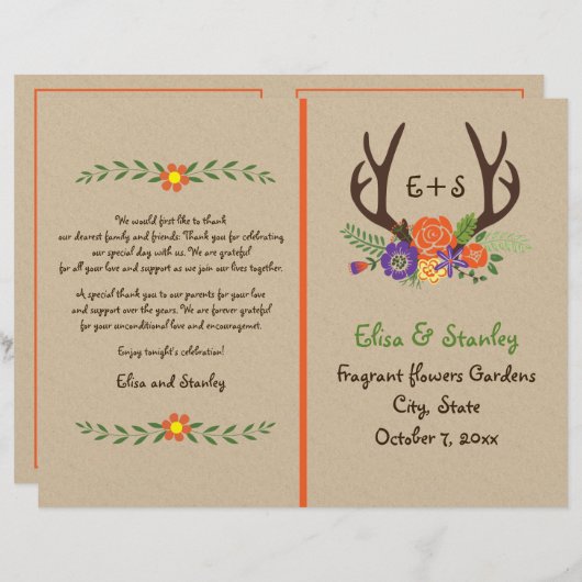 Hochzeitsprogramm für Antler & Orangen Blume (Vorne/Hinten)