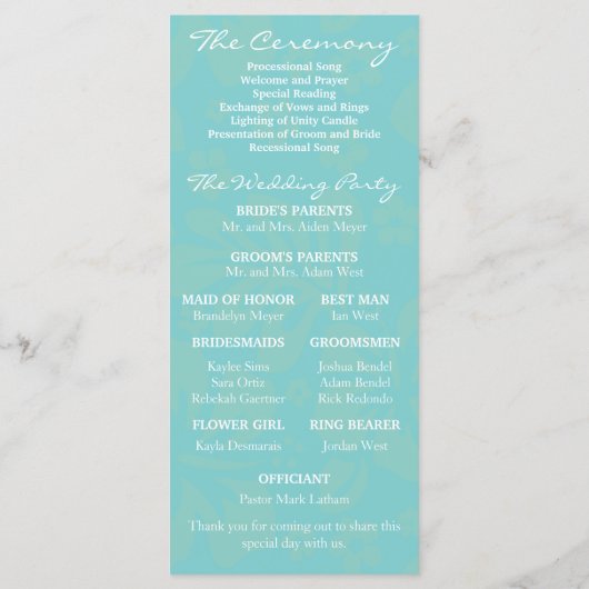 Hochzeitsprogramm für Aqua Beach Blume Programm (Rückseite)