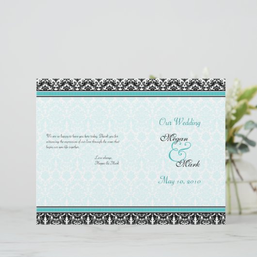 Hochzeitsprogramm für Aqua Blue und Black Damask (Stehend Vorderseite)