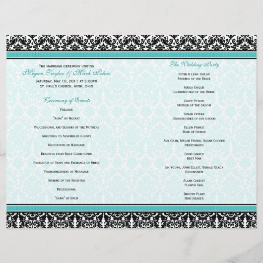 Hochzeitsprogramm für Aqua Blue und Black Damask (Rückseite)