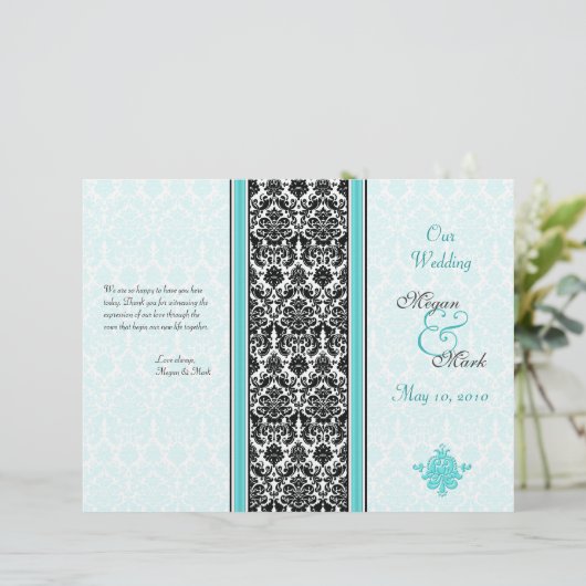 Hochzeitsprogramm für Aqua und Black Damask (Stehend Vorderseite)
