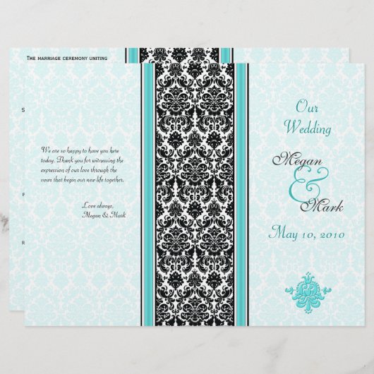 Hochzeitsprogramm für Aqua und Black Damask (Vorne/Hinten)