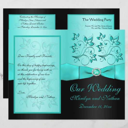 Hochzeitsprogramm für Aqua und Black Floral II (Vorne/Hinten)