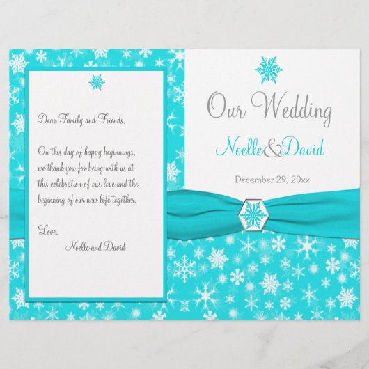 Hochzeitsprogramm für Aqua, White, Gray Snowflakes (Vorderseite)